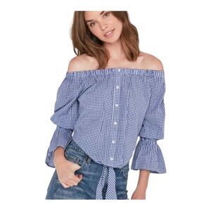 Lucky Brand Womens Size S Blue White Gingham Off Shoulder Crop Tie Front Blouse